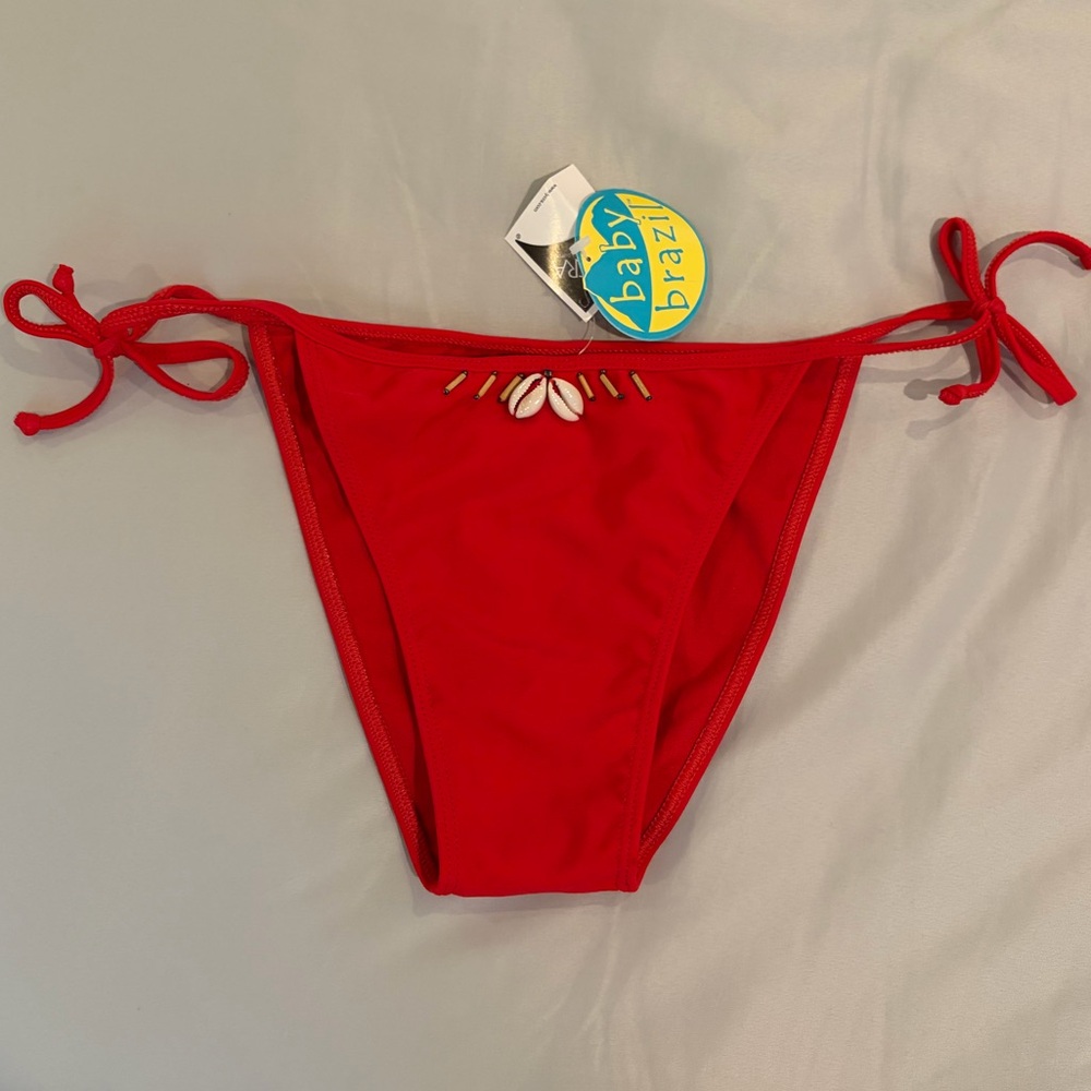 Red Tie-Side Swim Bottom with Shell Accent